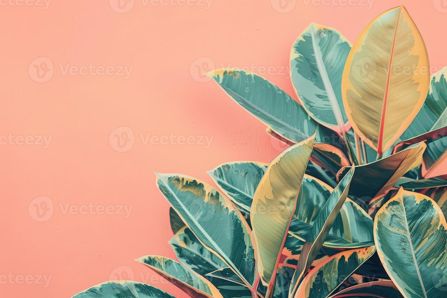 Lush green leaves with hints of yellow contrast beautifully against a warm coral background, creating a tranquil atmosphere. photo