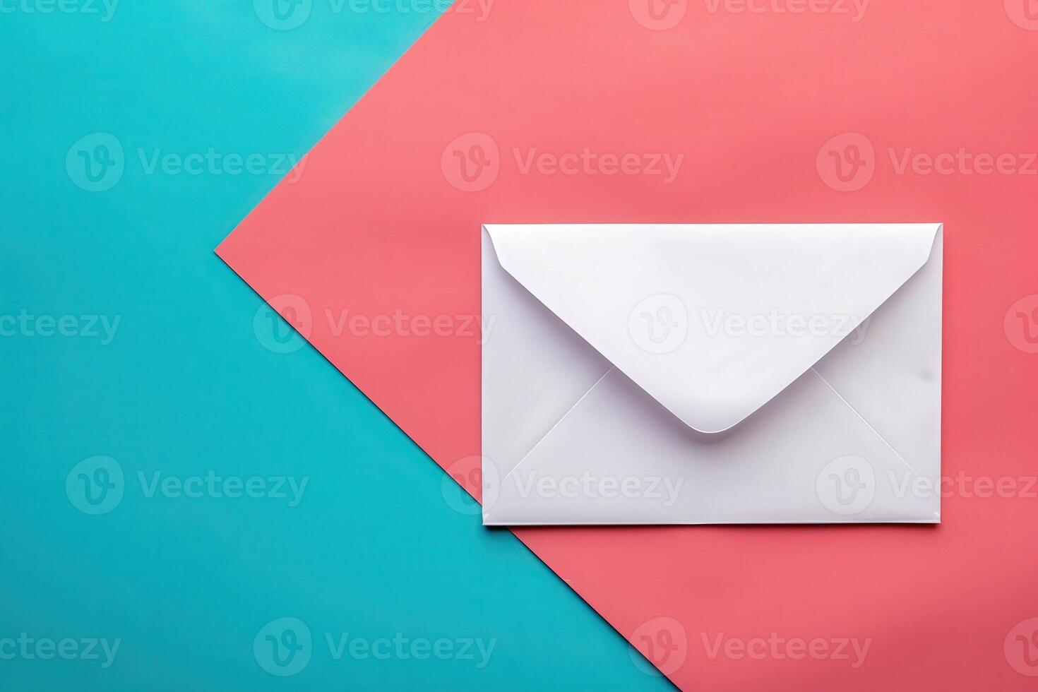 A sleek white envelope rests on colorful backgrounds, featuring soft shades of pink and teal that evoke a modern and artistic feel. photo