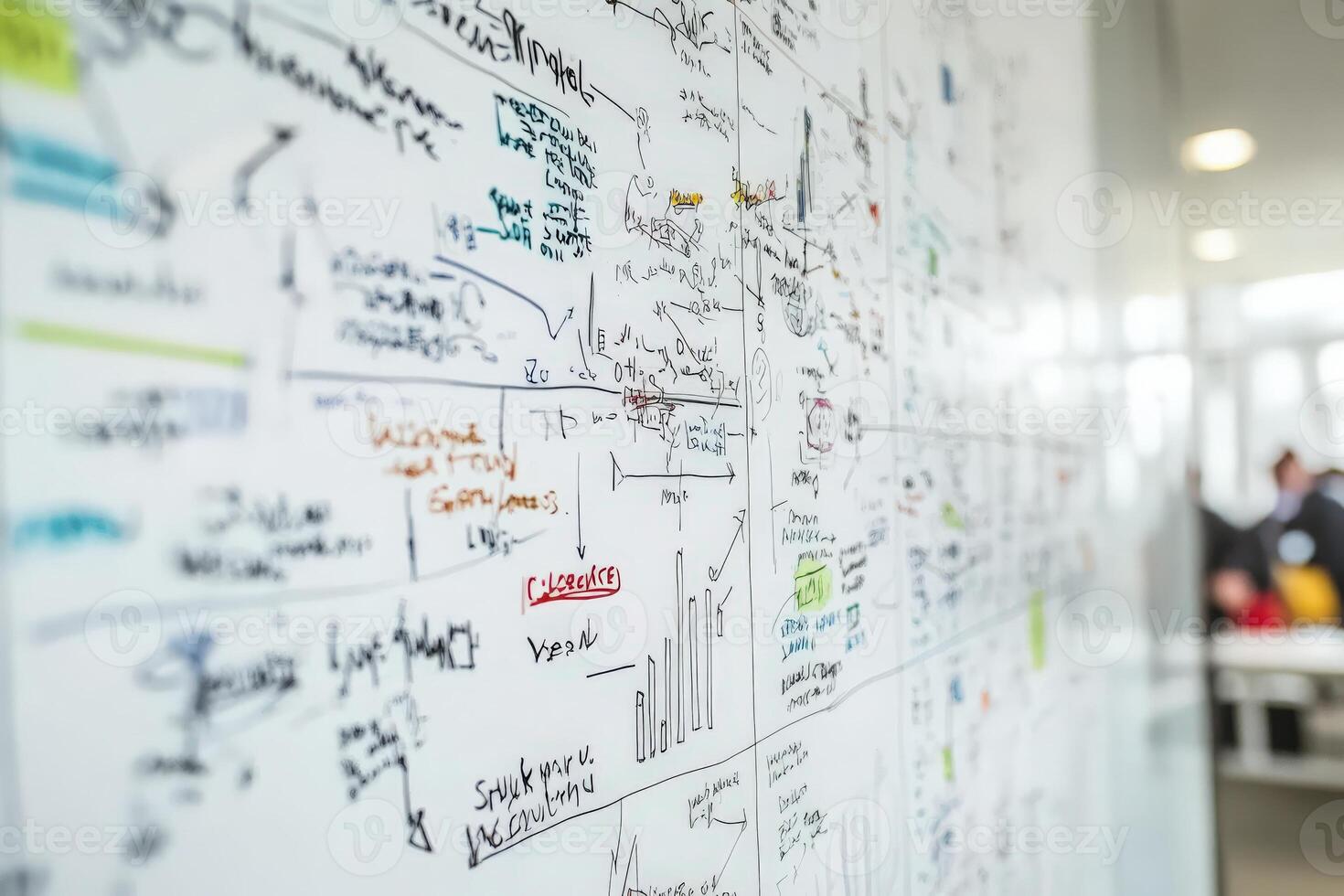 A group engages in a lively brainstorming session, filled with colorful notes, diagrams, and concepts on a clean whiteboard. photo
