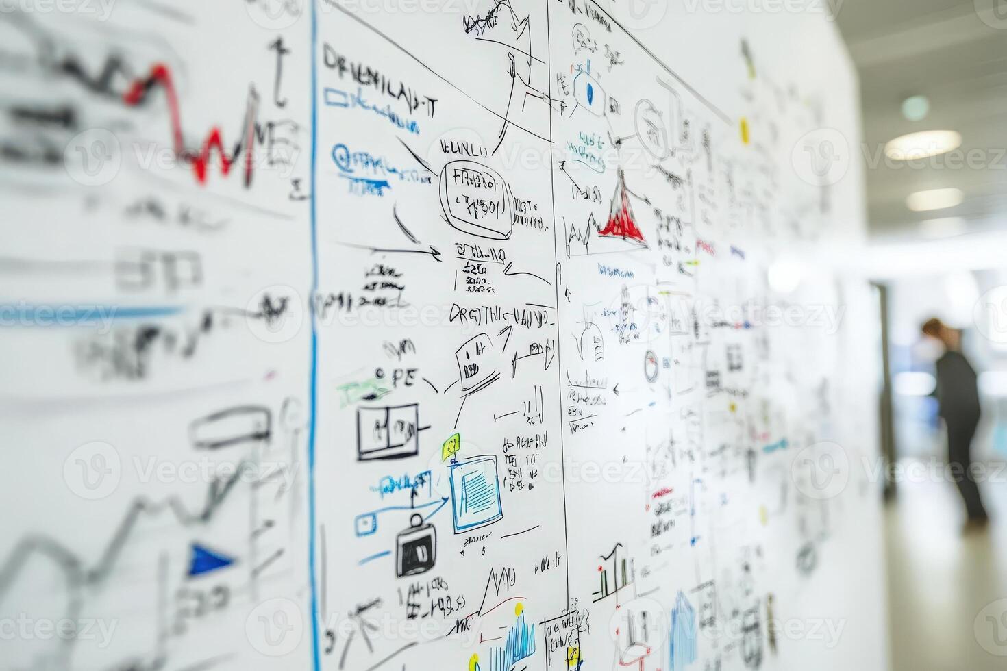 A vibrant brainstorming session unfolds as colorful sketches, graphs, and ideas fill the wall, inspiring collaboration and creativity. photo
