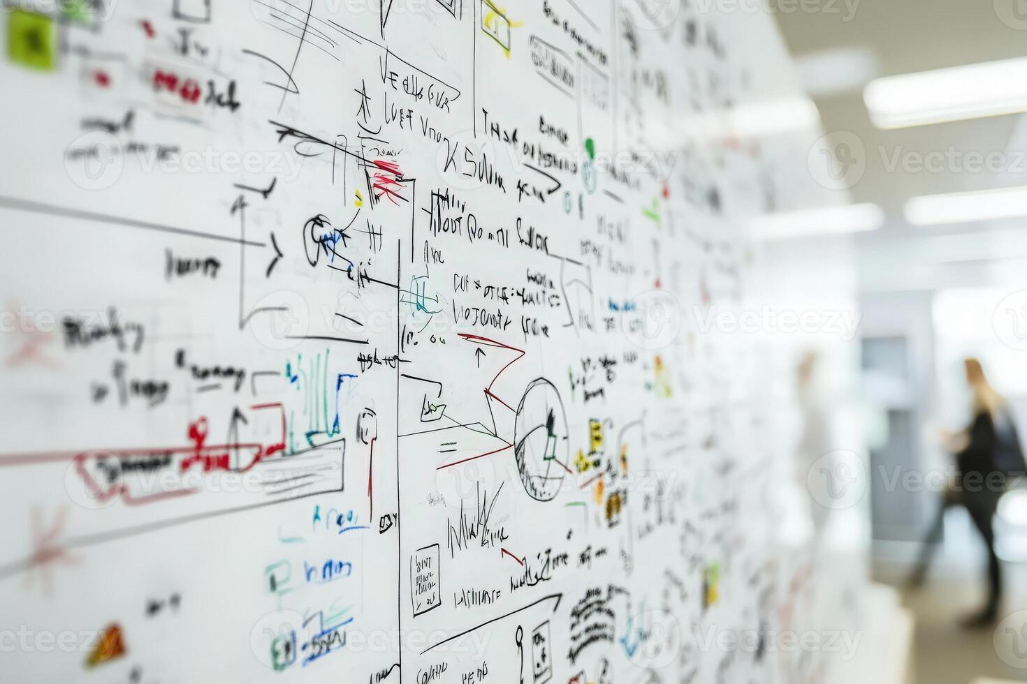 A vibrant array of sketches and notes fills the office wall, capturing ideas in a collaborative brainstorming session. photo