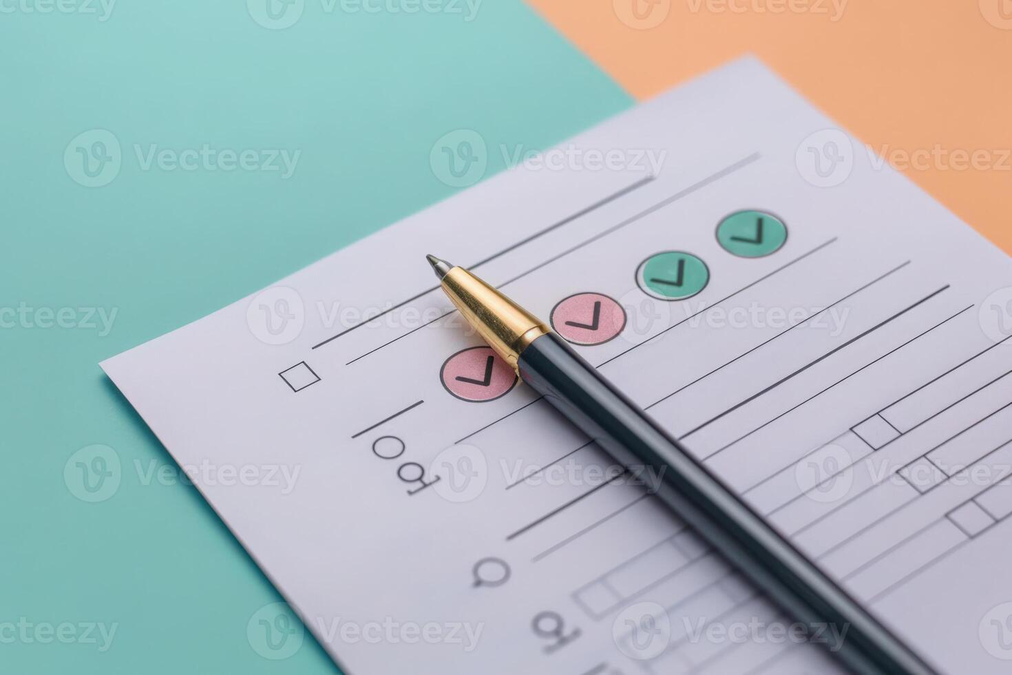 A neatly designed feedback form rests against a vibrant background, with a pen positioned for easy completion and evaluation. photo