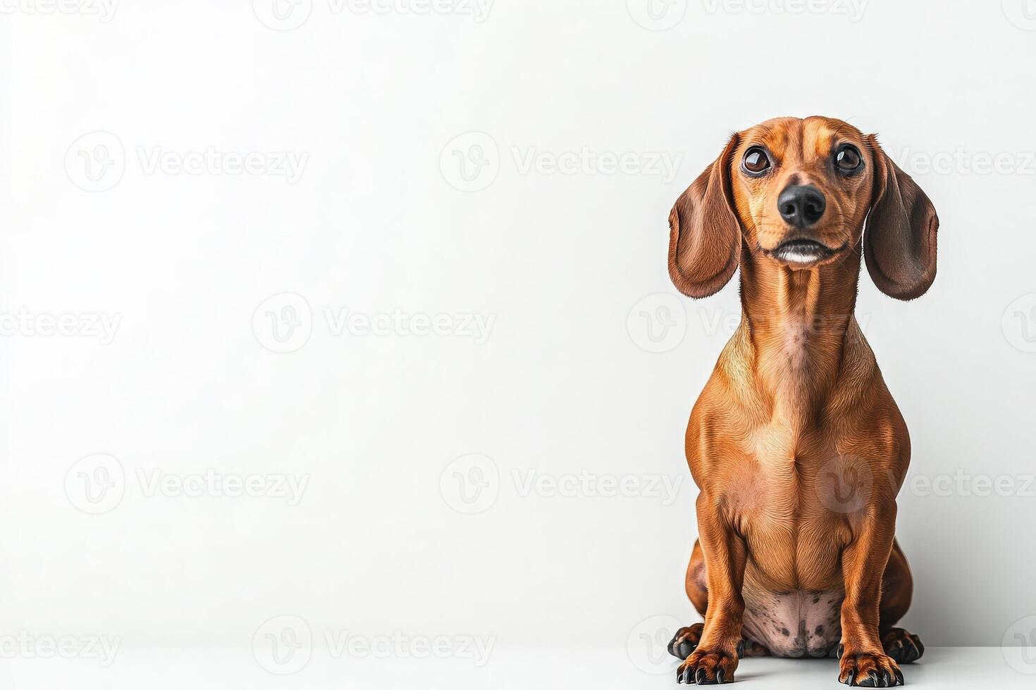 A lively dachshund sits contentedly, showcasing its charming features against a minimalist backdrop. photo