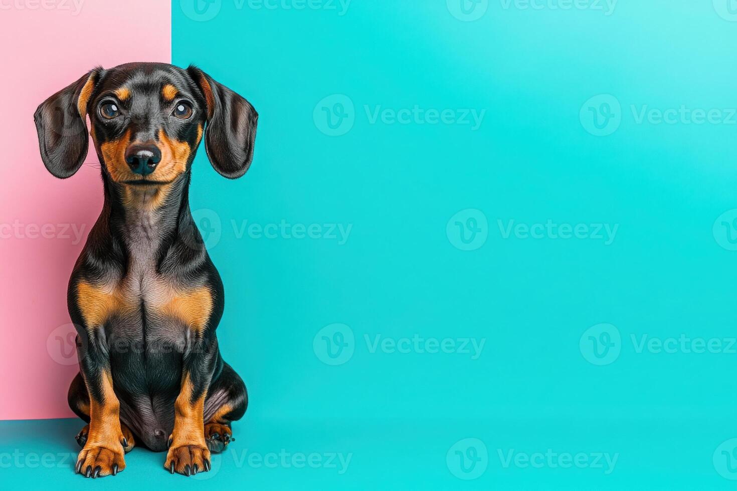 A charming Dachshund sits attentively on a bright turquoise and pink background, showcasing its sleek coat and expressive eyes. photo