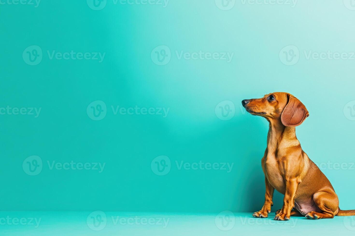 A playful Dachshund sits attentively against a bright teal background, showcasing its sleek form and expressive posture. photo