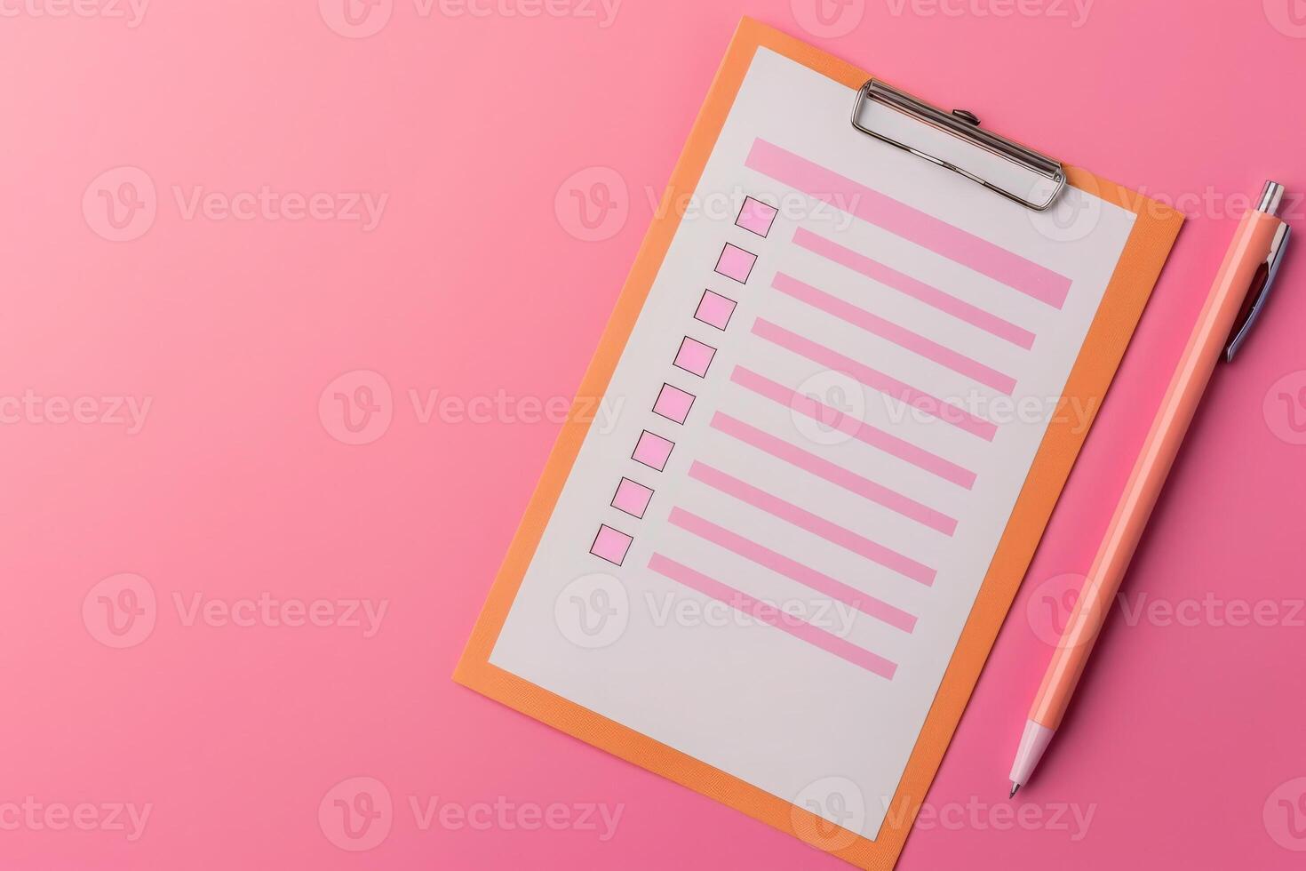 A clipboard holds a neatly arranged customer feedback form, accompanied by a pink pen, creating an inviting atmosphere for responses. photo