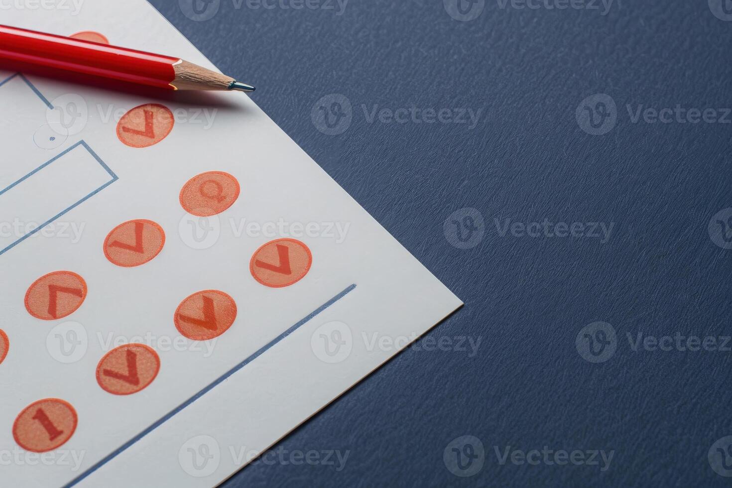 A neatly filled out customer feedback form rests on a clean background, featuring red circles marking responses alongside a pencil. photo