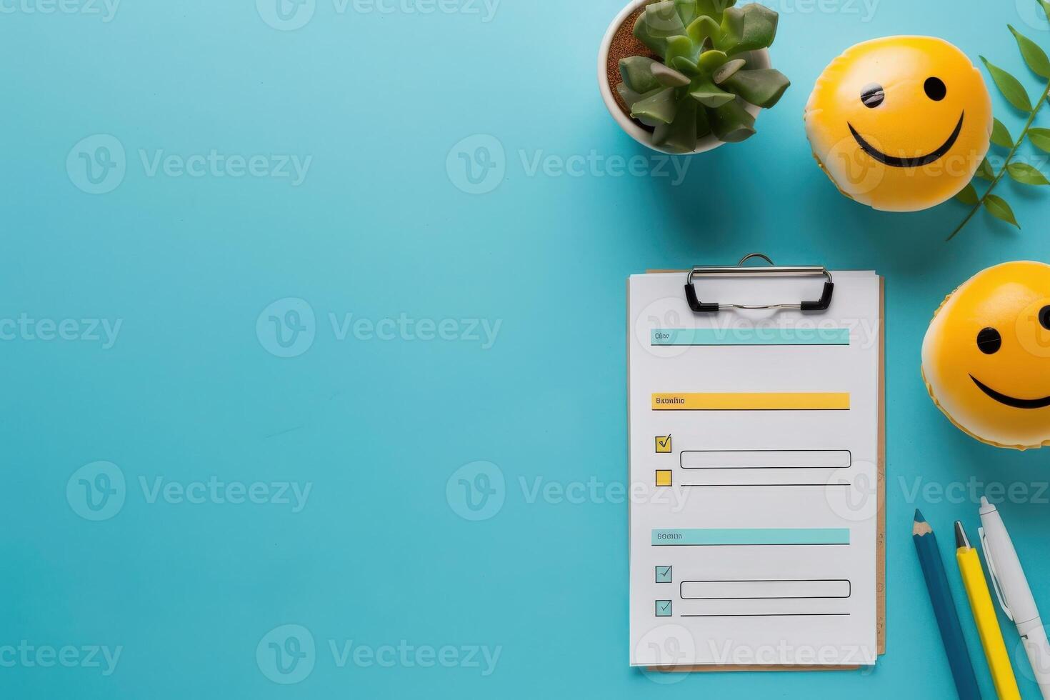 A well-designed feedback form rests on a bright blue surface, accompanied by cheerful smiley balls, a potted plant, and colorful pens, inviting customer interaction. photo