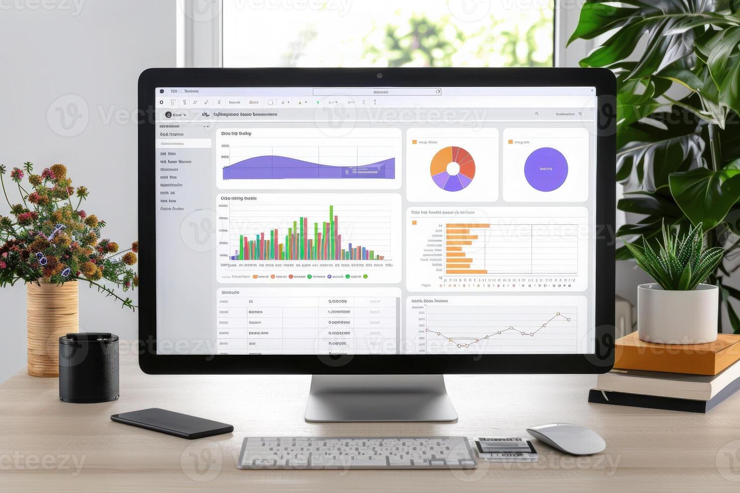 A sleek CRM dashboard displays colorful graphs and data visualizations, revealing insights in a bright workspace filled with plants and productivity tools. photo