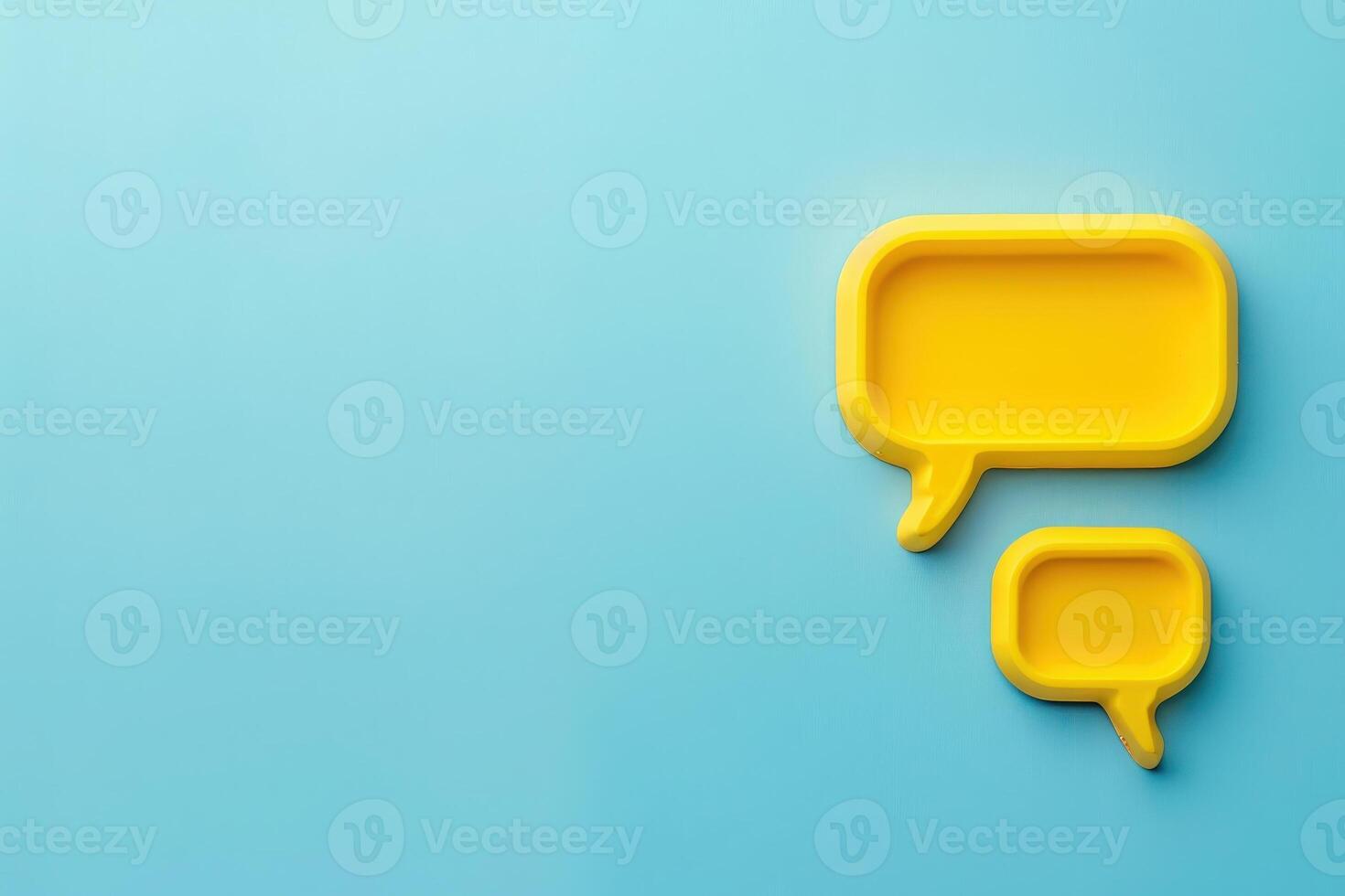 Two bright yellow chat bubbles rest against a tranquil blue backdrop, symbolizing lively customer interaction and support. photo
