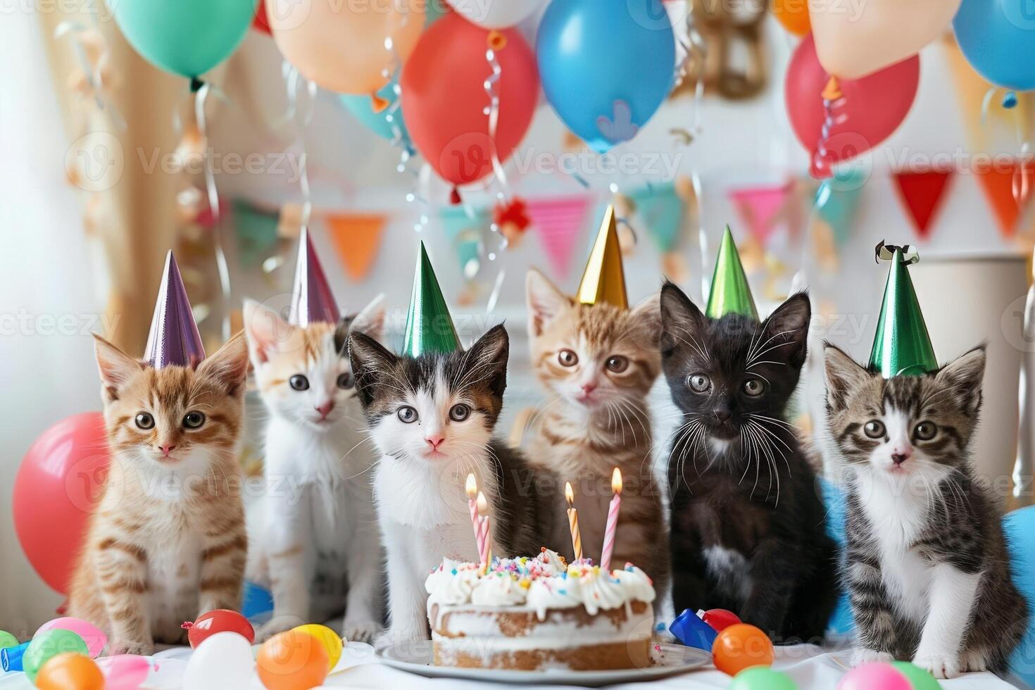 A group of playful kittens wearing festive party hats gathers around a colorful birthday cake, surrounded by balloons and decorations, ready to celebrate. photo