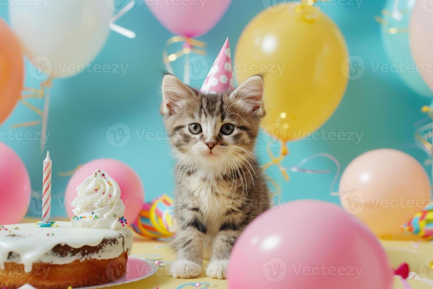 A cute kitten dons a party hat, surrounded by colorful balloons and a delicious cake, ready for a cheerful birthday celebration. photo