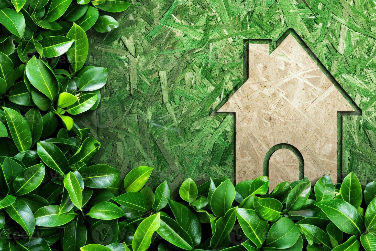 A creative representation of an eco-friendly home nestled within vibrant foliage, symbolizing sustainability and nature. photo