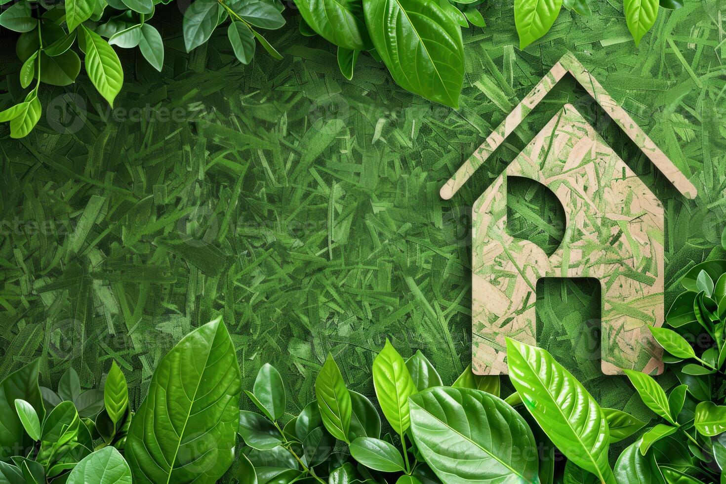 A sustainable home design blends harmoniously with rich green foliage, emphasizing a connection to nature. photo