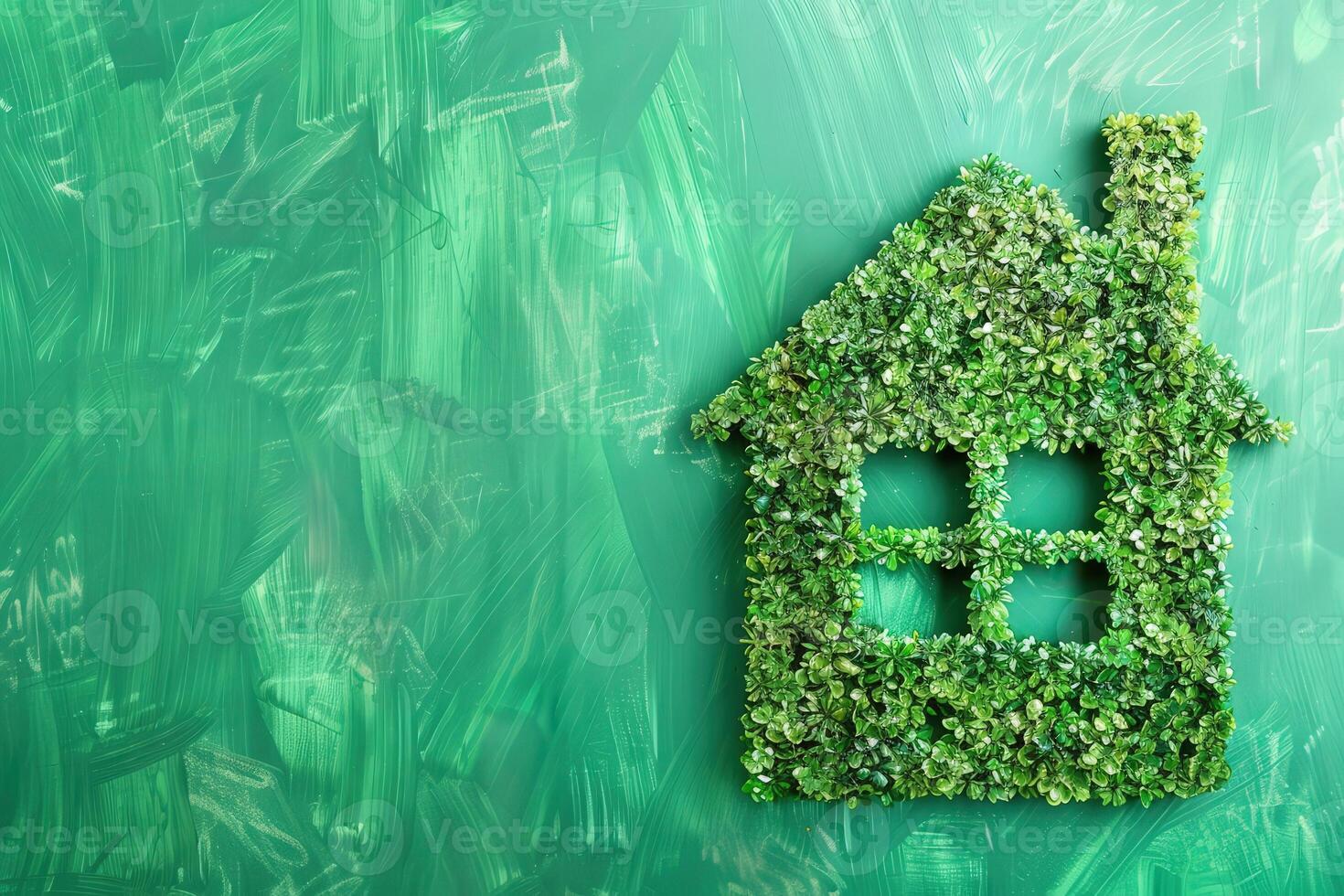 A house shape crafted from lush greenery sits prominently on a vibrant green background, embodying the essence of sustainable living. photo