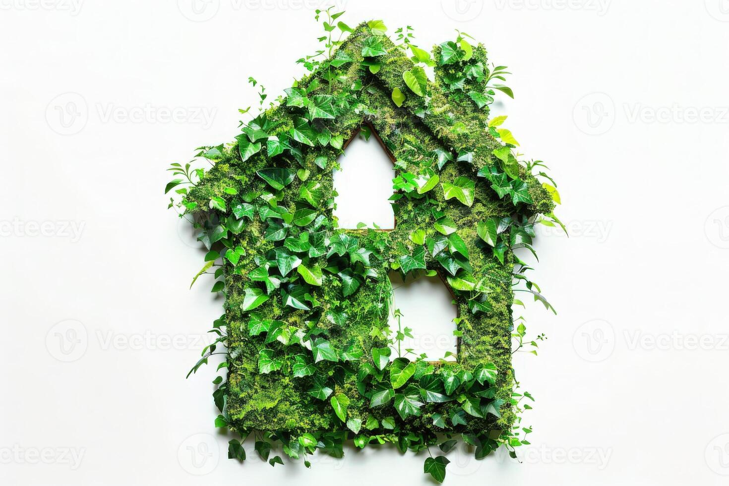A creative representation of a house formed by vibrant green leaves, symbolizing sustainability and harmony with nature. photo