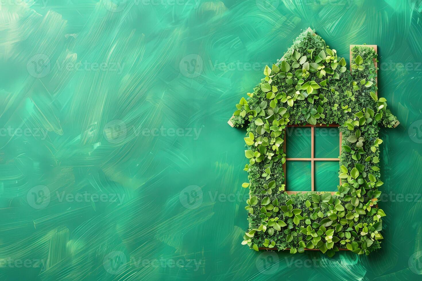A creative representation of an eco-friendly house, adorned with vibrant greenery, showcasing sustainable design principles. photo