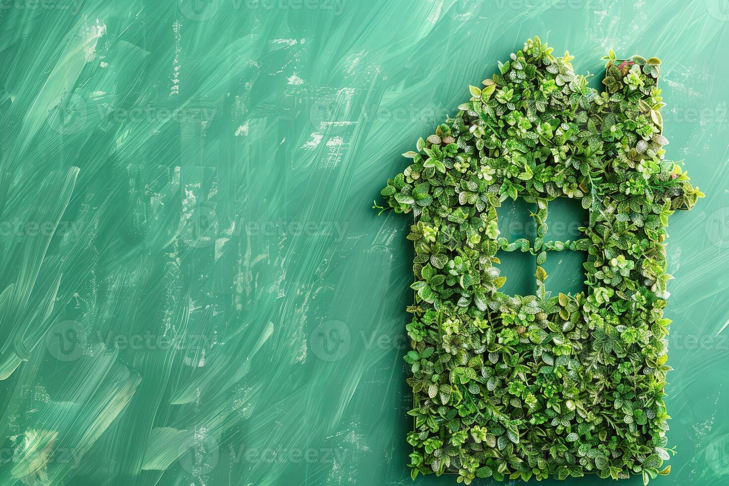 A charming house shape crafted from vibrant green plants is set against a smooth, solid background, symbolizing sustainable living and environmental harmony. photo