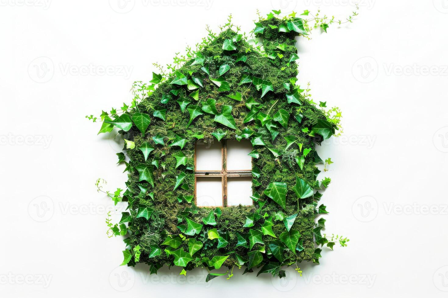 A creative house shape embellished with vibrant green plants, showcasing an artistic blend of nature and architecture. photo