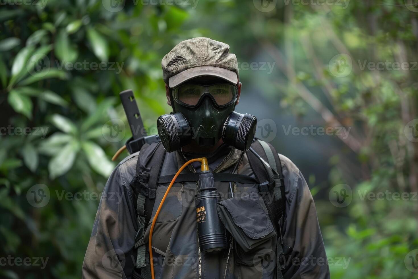 A technician dressed in protective gear readies equipment for eco-friendly pest control amidst vibrant greenery. photo