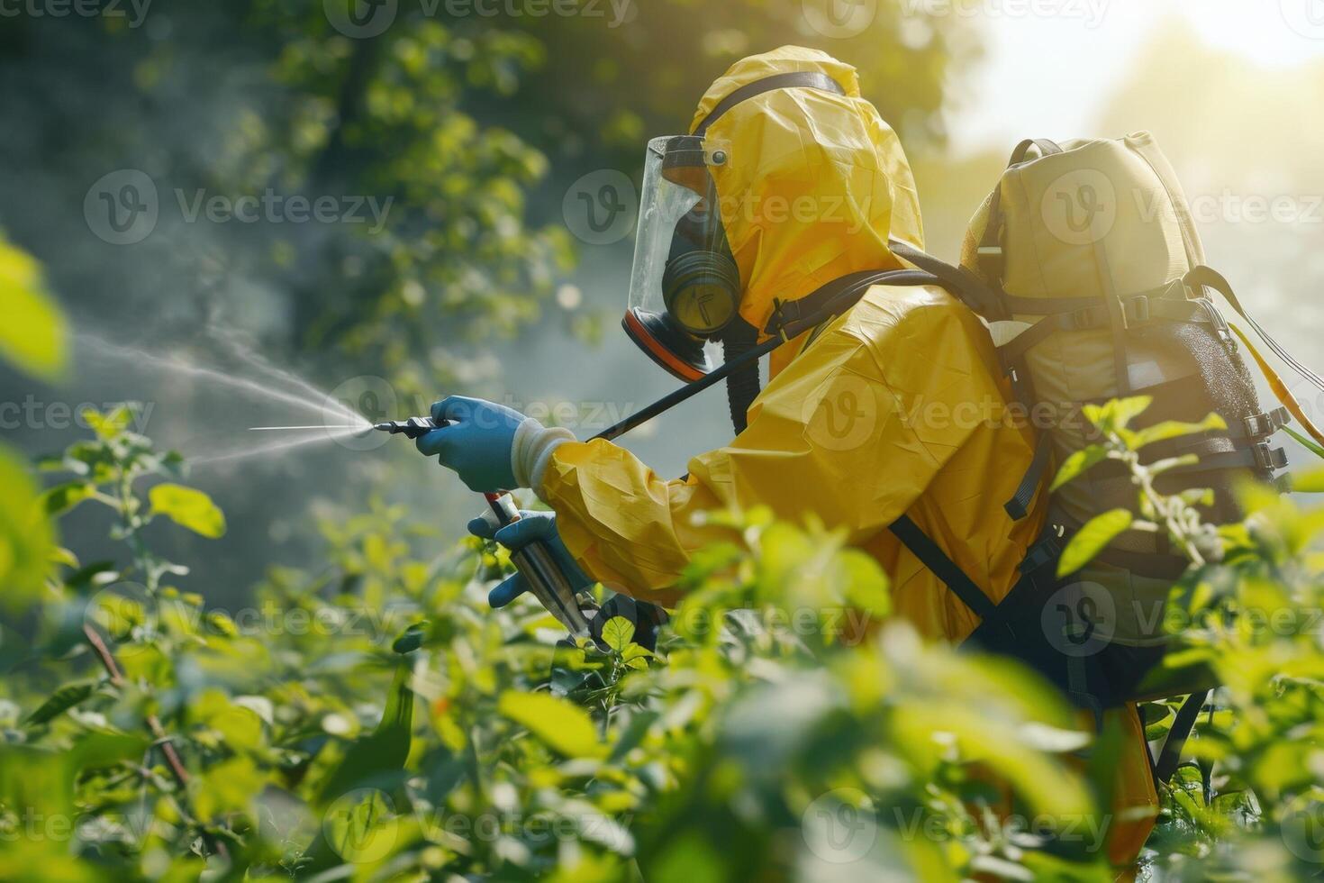 A technician in a yellow suit applies eco-friendly pest control measures amidst vibrant green plants. photo