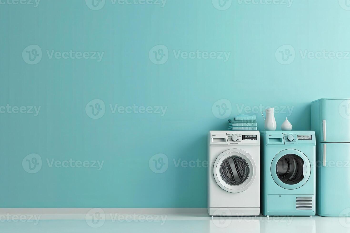 Two sleek energy efficient appliances stand in harmony on a fresh turquoise backdrop, complemented by neatly arranged towels and decorative items. photo