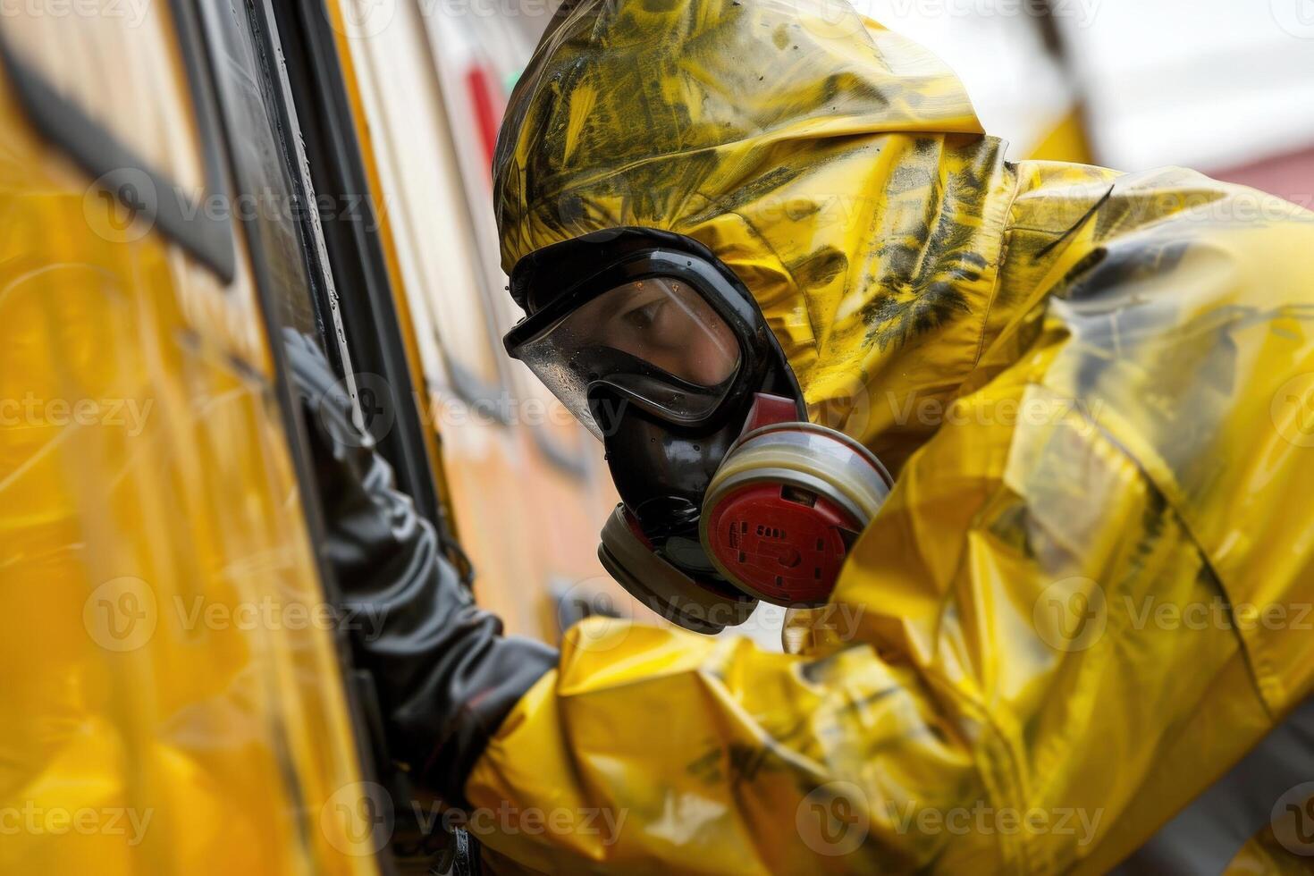 A technician wearing a yellow protective suit meticulously treats an area for pests, focusing intently on the task at hand. photo