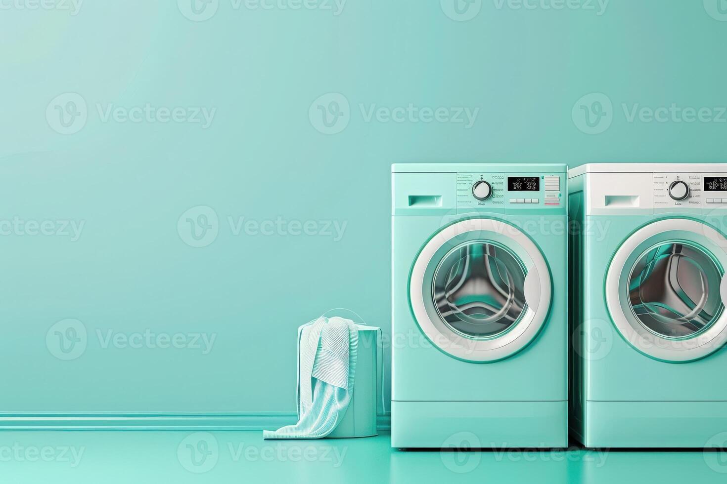 Two sleek, energy-efficient laundry machines sit against a vibrant turquoise wall, embodying modern design and sustainability. photo