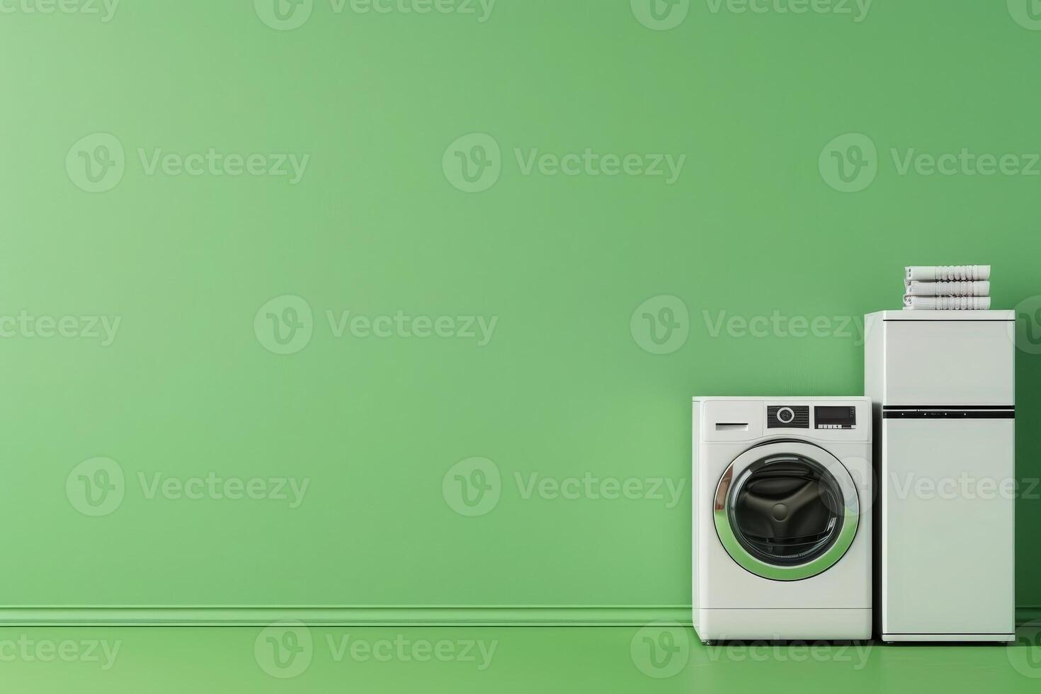 A sleek washing machine and refrigerator stand on a polished floor, enhancing the fresh ambiance of a clean green space. photo