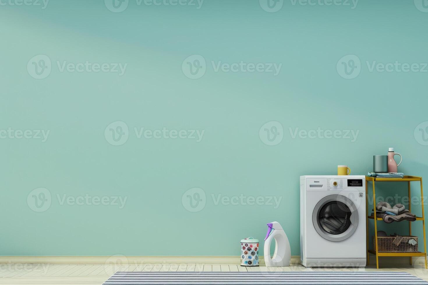 A sleek, energy-efficient washing machine sits against a mint green wall, complemented by vibrant accessories and a tidy workspace. photo