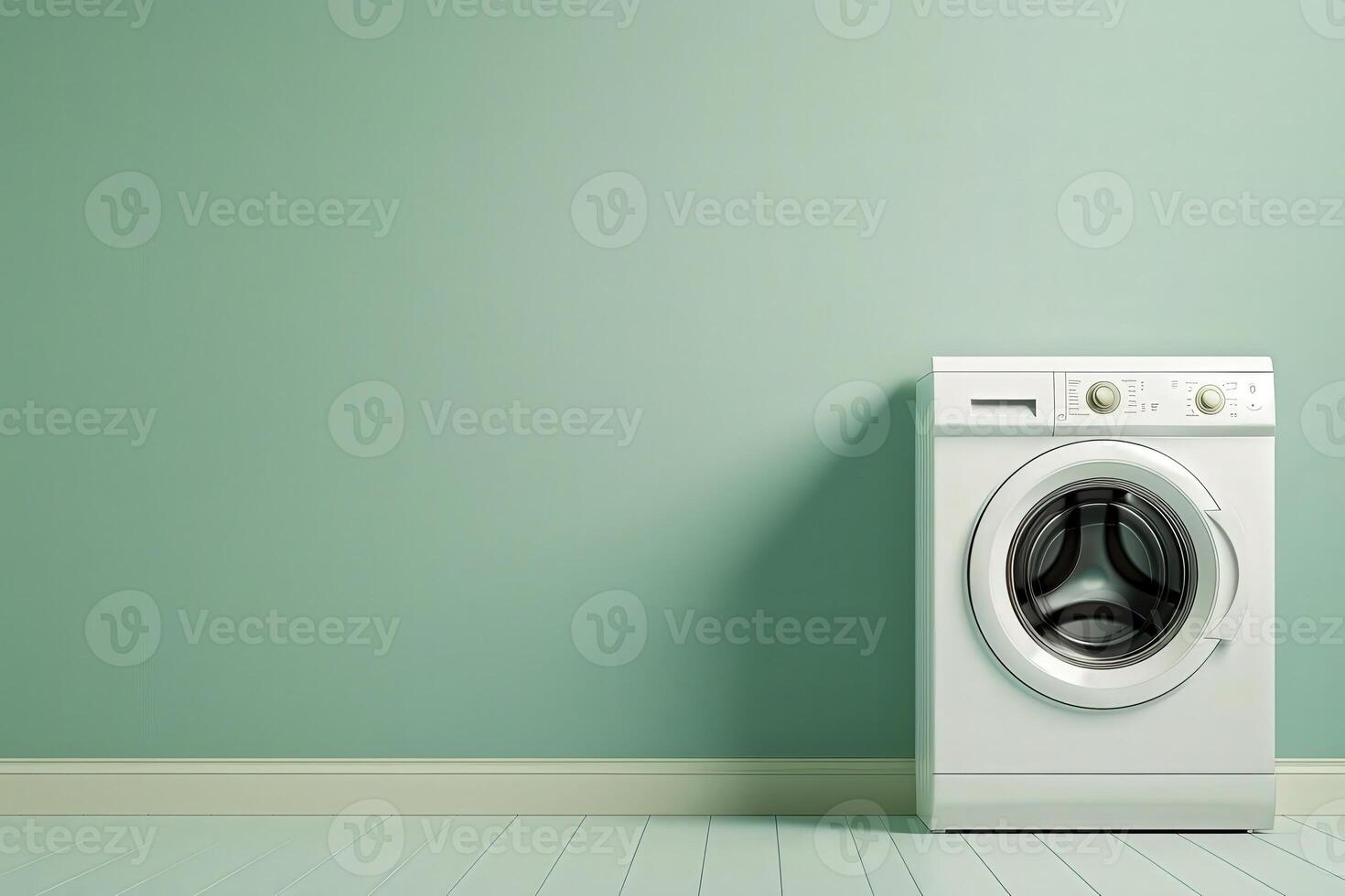 A sleek and eco-friendly washing machine stands against a calming mint green wall, showcasing a minimalist laundry setup. photo