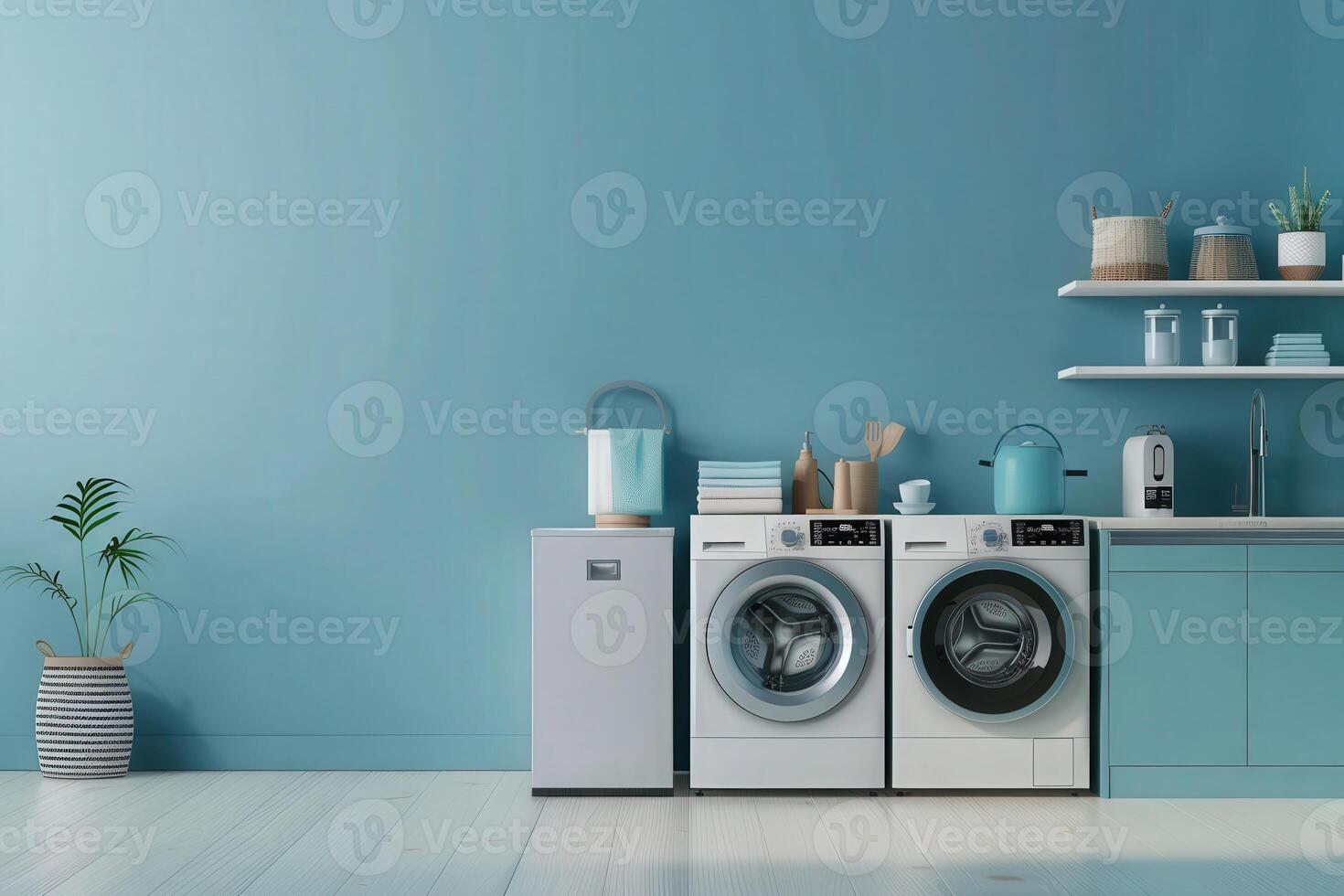 Brighten your space with stylish energy-saving appliances set within a serene blue kitchen environment. photo