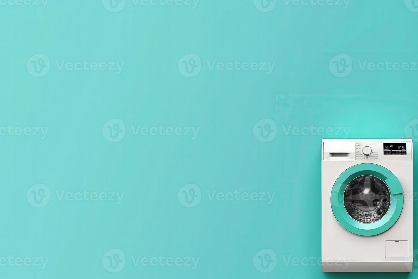A sleek washing machine with a turquoise door stands against a bright blue wall, showcasing a blend of modern design and eco-friendly technology. photo