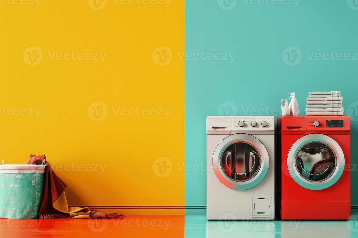 A vibrant laundry room showcases energy-efficient appliances against bold, colorful walls, highlighting a clean and inviting atmosphere. photo