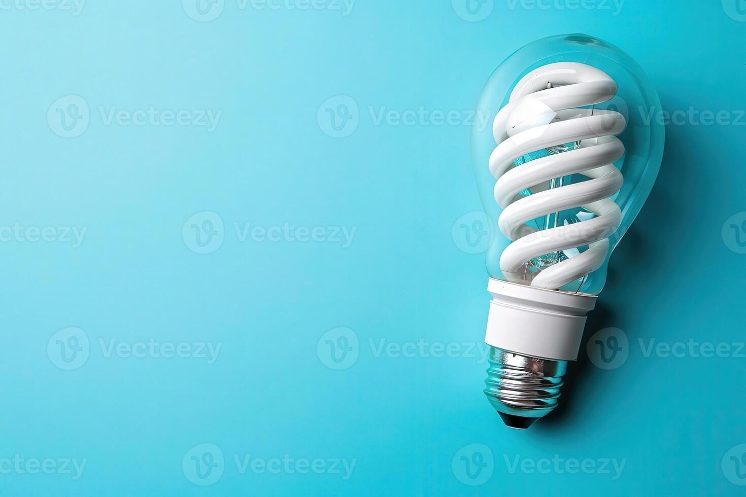 A compact fluorescent light bulb rests on a tranquil blue background, symbolizing energy efficiency and eco-friendly living. photo