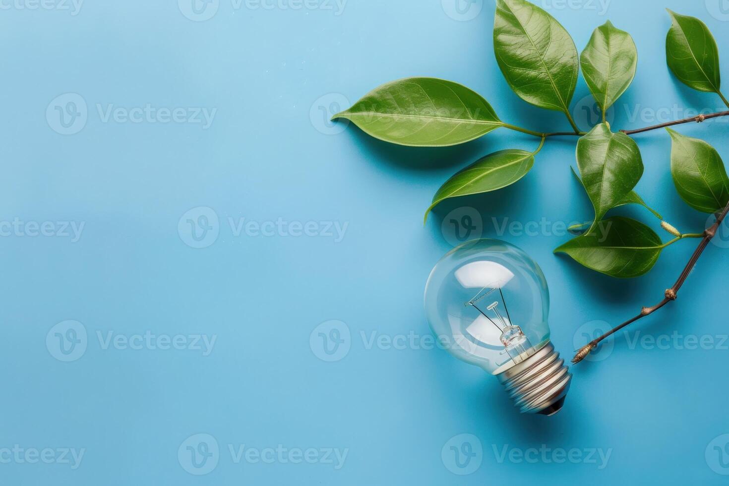 A lightbulb rests beside vibrant green leaves, symbolizing eco-friendly practices and energy conservation on a soft blue background. photo