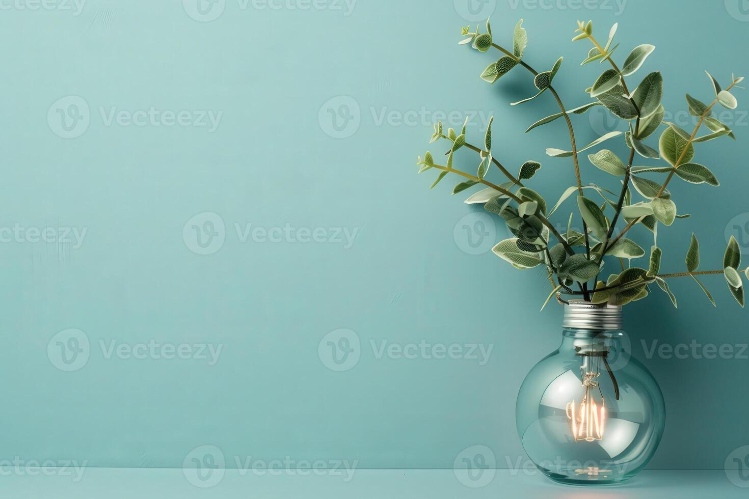 A light bulb is beautifully complemented by greenery in a stylish glass jar, promoting energy-saving tips with an artistic flair. photo