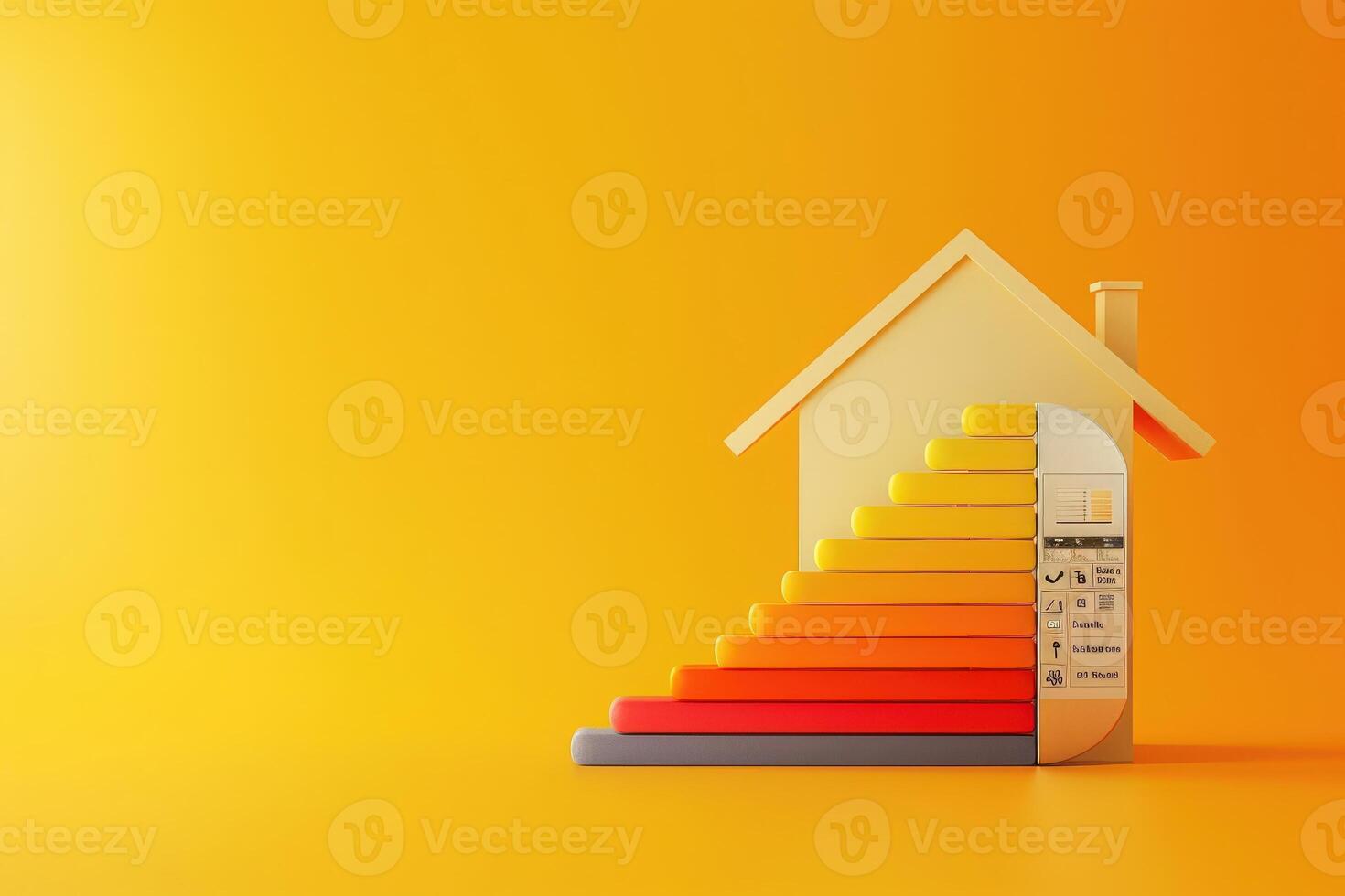 A colorful home graphic illustrates energy efficiency ratings, showcasing a gradient scale on a bright yellow backdrop. photo