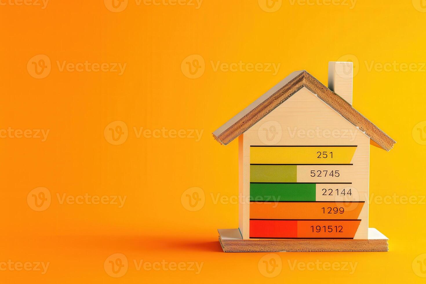 A creative energy efficiency rating chart in a house shape sits against a bright orange background, emphasizing eco-friendly practices and sustainable living. photo