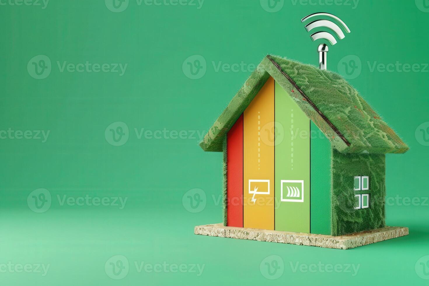 A colorful energy efficiency chart depicts a model home constructed from eco-friendly materials, highlighting various sustainability levels. photo