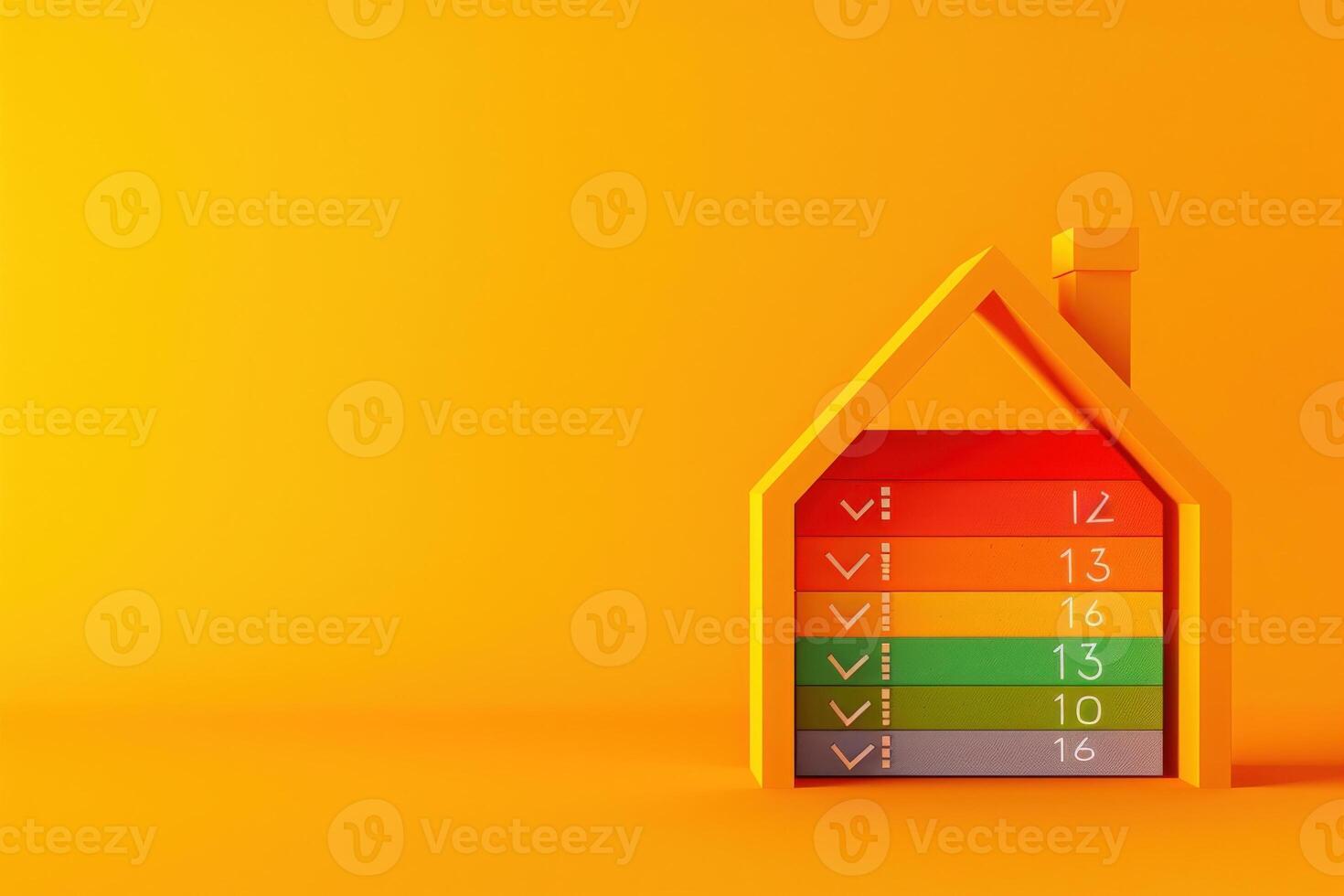 A colorful energy efficiency rating chart presented as a house shape, highlighting various performance levels against a bright yellow background. photo