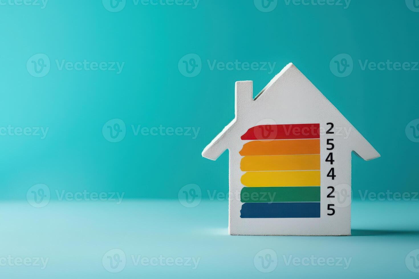 A vibrant representation of energy efficiency ratings features a house model with a colorful gradient scale against a bright backdrop, emphasizing sustainable living. photo