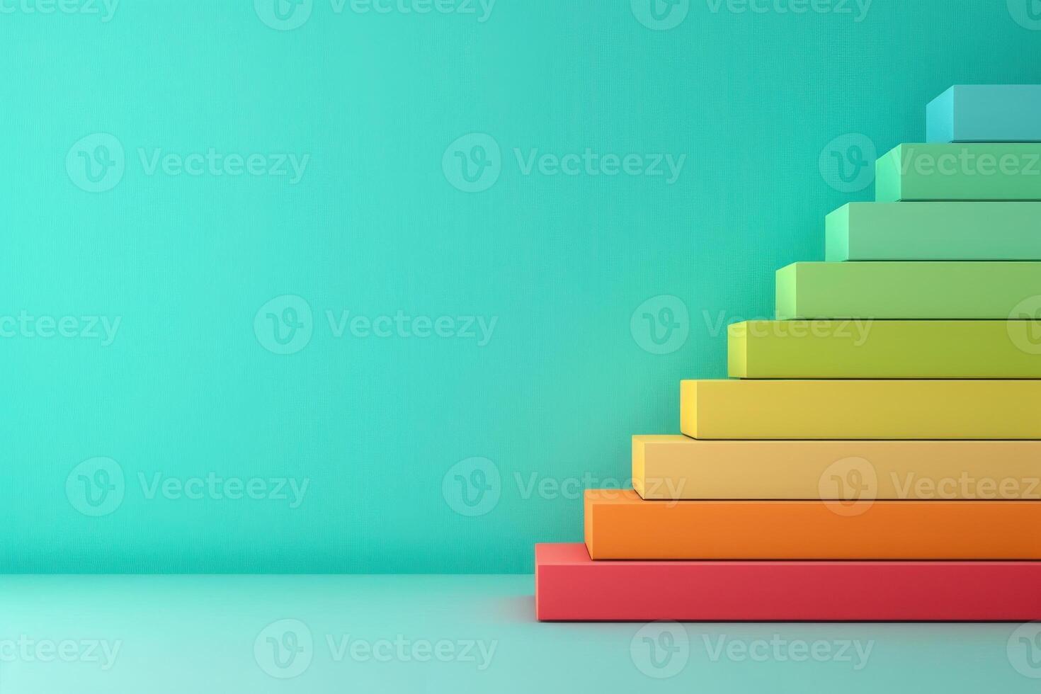 A vibrant chart with gradient colors ascends in steps, visually representing energy efficiency ratings on a fresh turquoise backdrop. photo