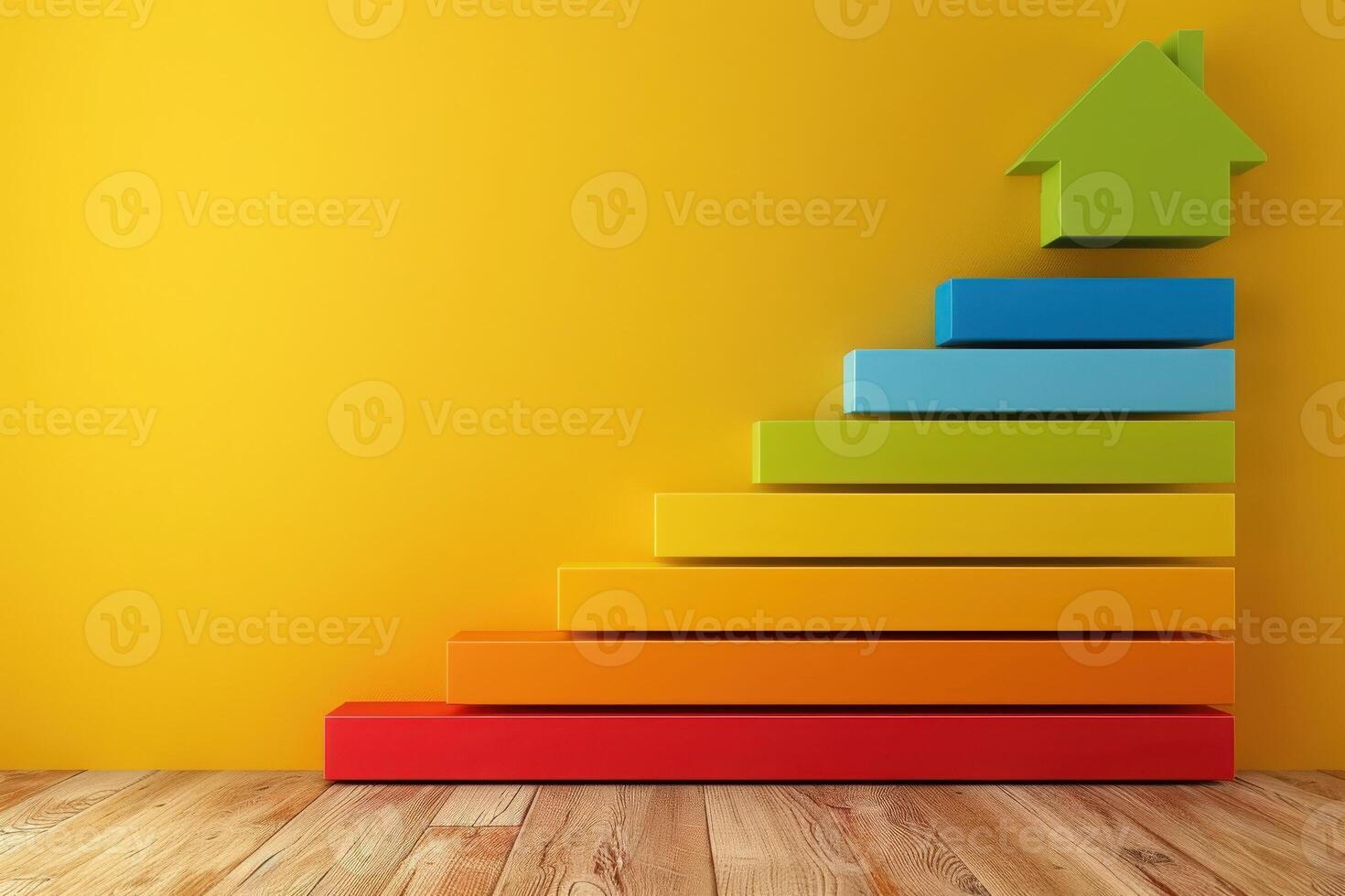A colorful energy efficiency rating chart displays various levels of energy performance, promoting awareness in a cheerful and engaging presentation. photo