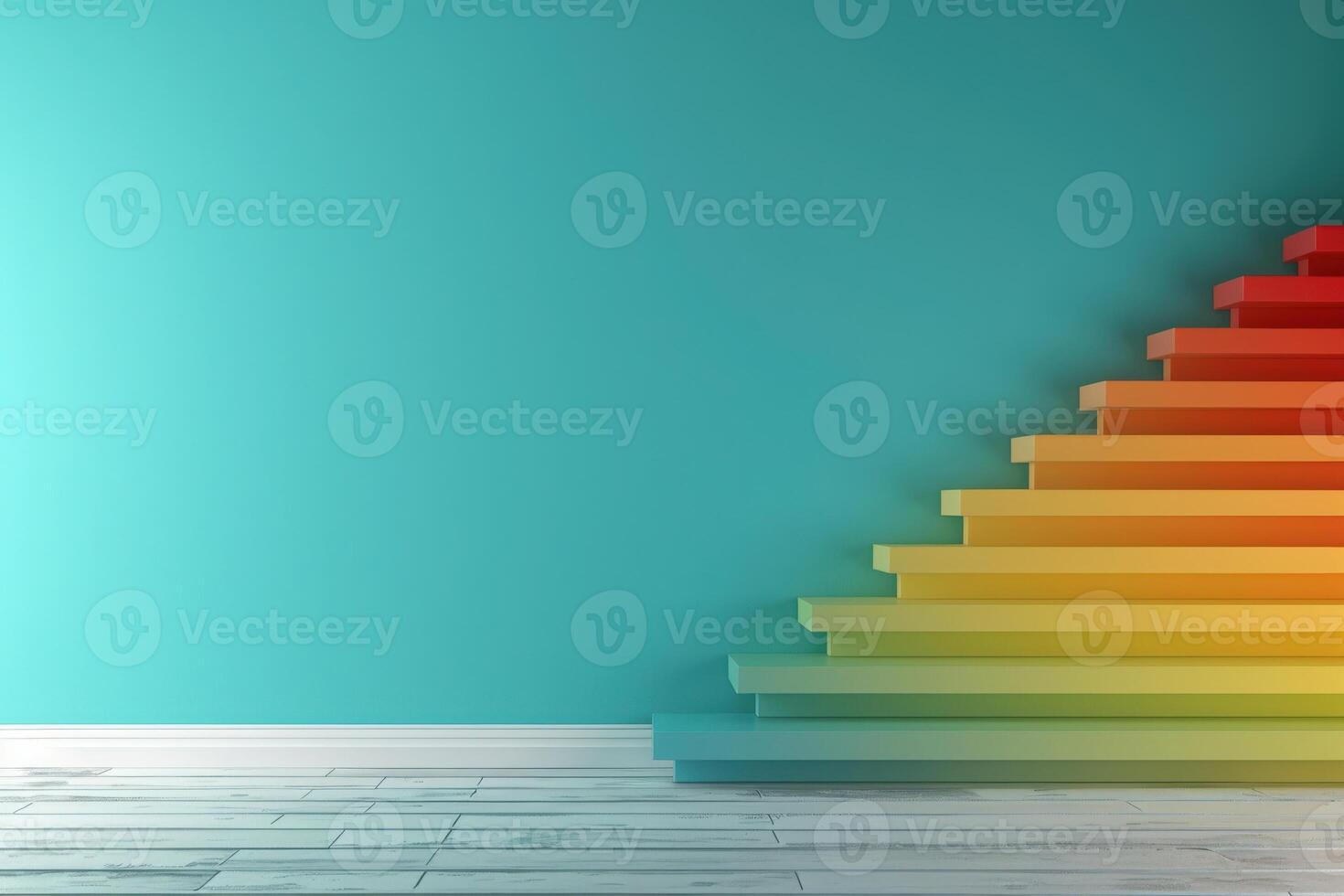 A vibrant turquoise wall supports a colorful energy efficiency rating chart that displays a progressive scale from red to yellow. photo