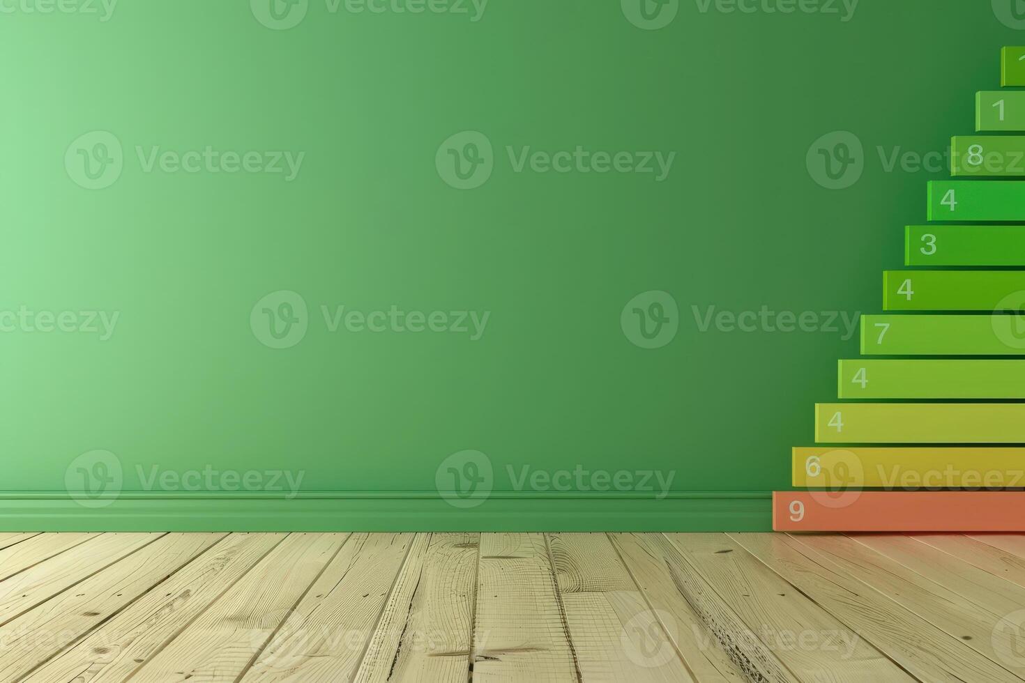 A visually striking energy efficiency rating chart ascends a bright green wall above polished wooden flooring, showcasing different efficiency levels. photo