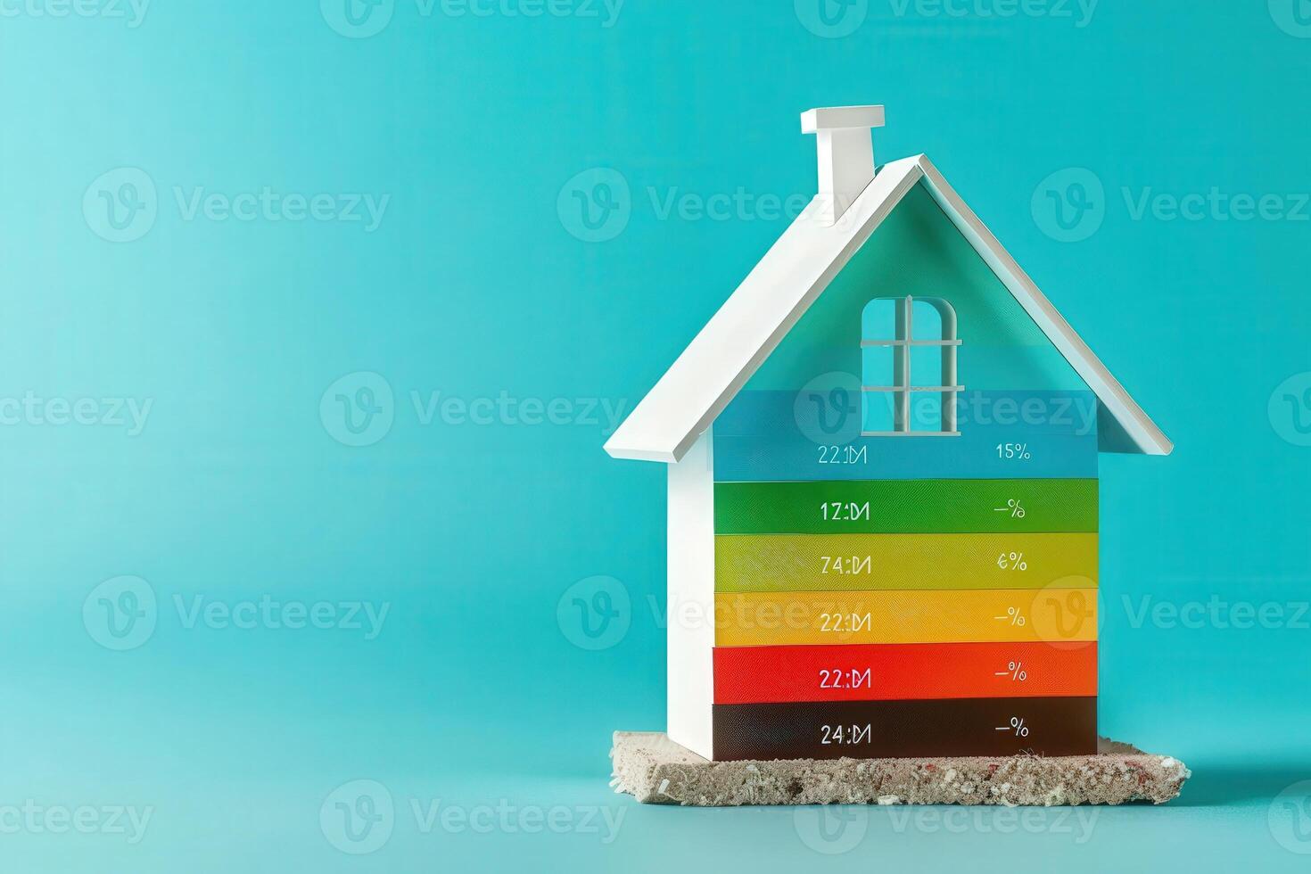 A colorful energy efficiency rating chart shaped like a house illustrates various levels on a bright turquoise backdrop. photo