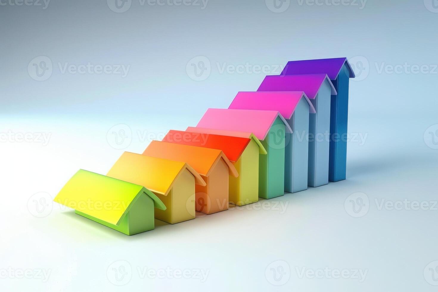An array of stylized houses in various colors rising in a gradient, symbolizing energy efficiency ratings and sustainability. photo
