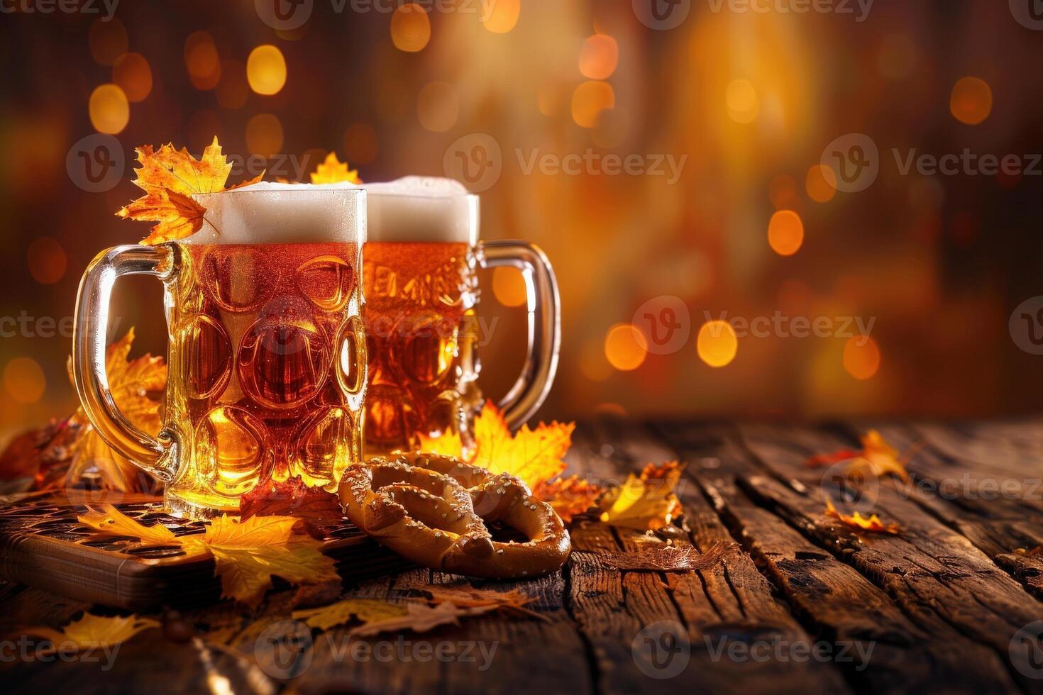 Two frothy beer mugs surrounded by colorful autumn leaves and a pretzel, capturing the spirit of Oktoberfest. photo