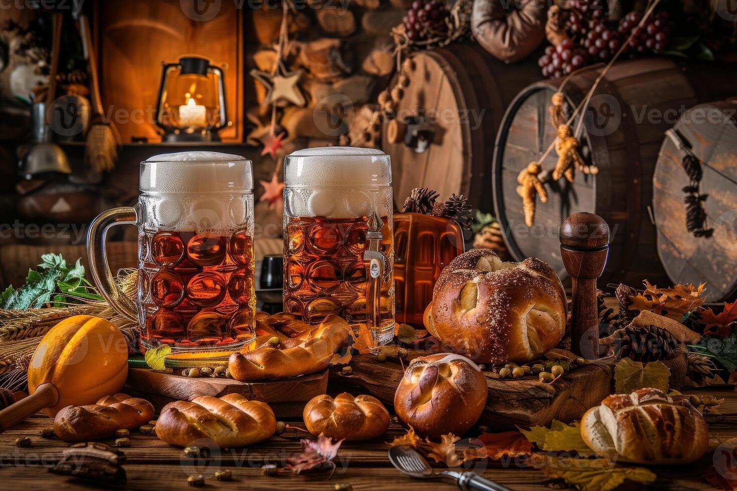 Two frothy beer mugs take center stage amidst autumn-themed delights, creating a spirited Oktoberfest atmosphere. photo